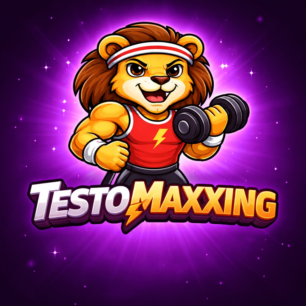TestoMaxxing splash art: muscular lion mascot with dumbbell, lightning bolt shirt, and TESTOMAXXING logo on a purple burst background.